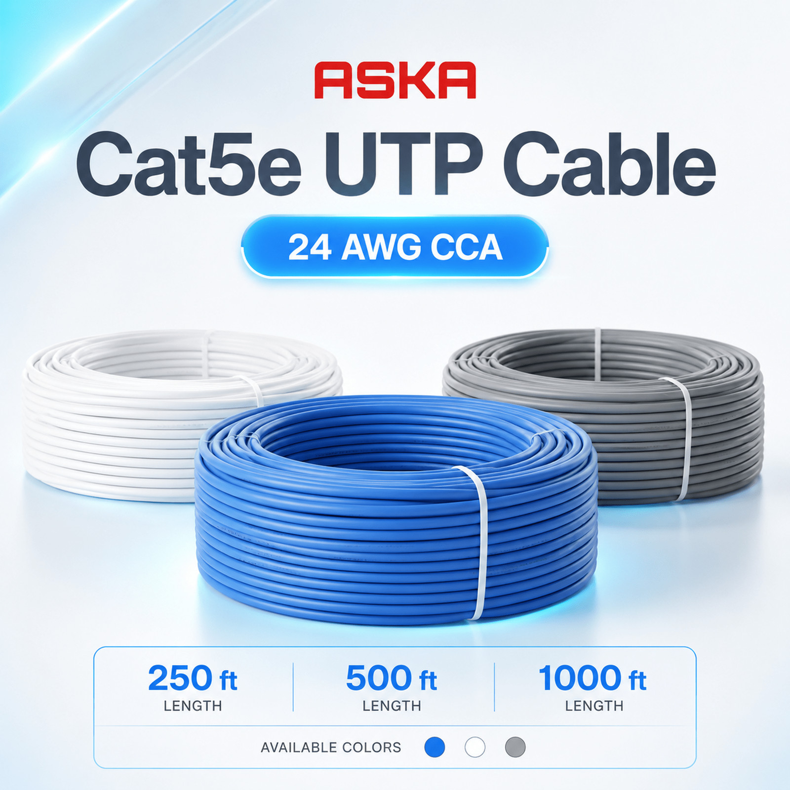 NETWORK LAN CABLE UTP CAT5E CCA 250FT,500FT,1000FT WHITE BLUE GREY CM RATED PVC