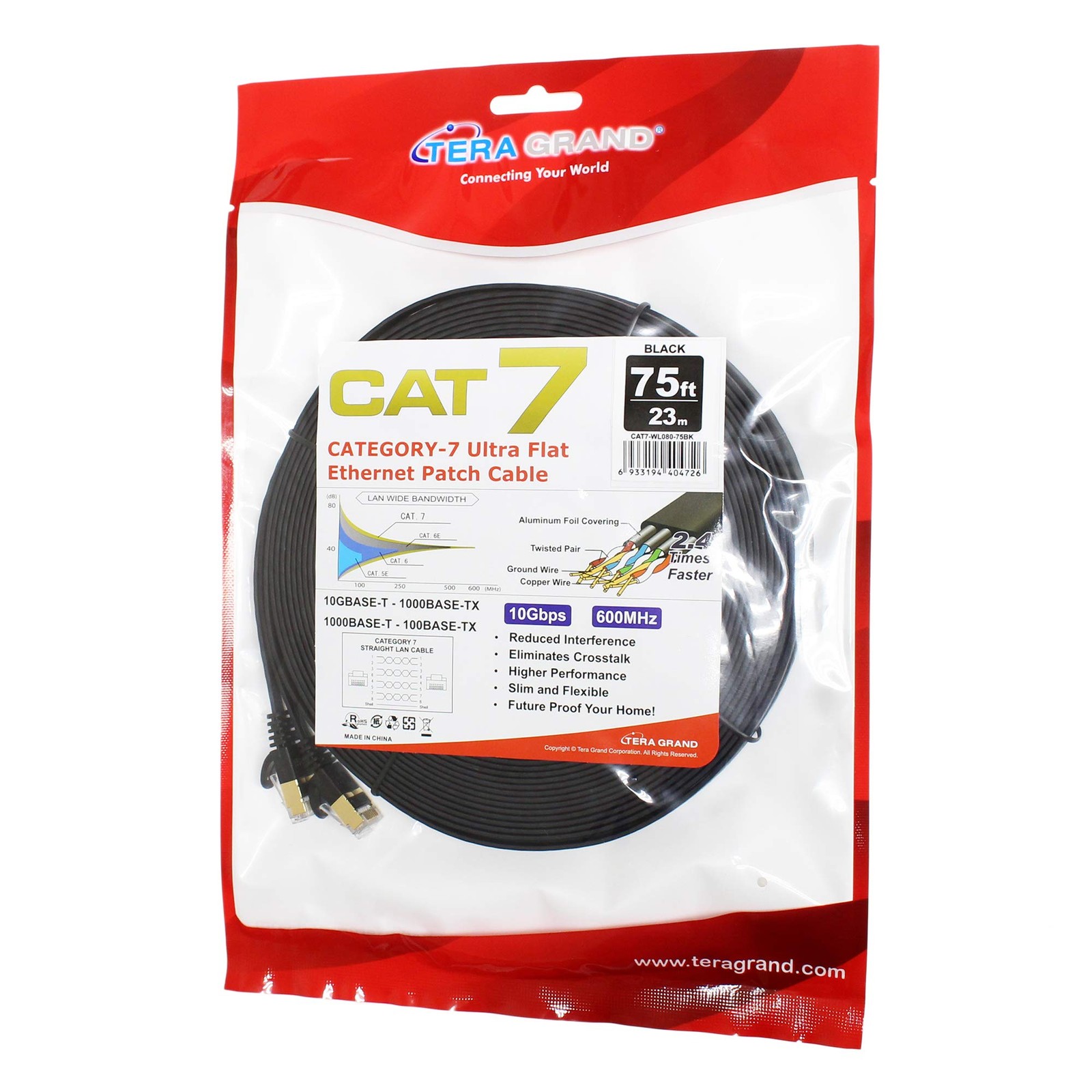 75FT CAT7 10 Gigabit Ethernet Ultra Flat Patch Cable Modem Router Black