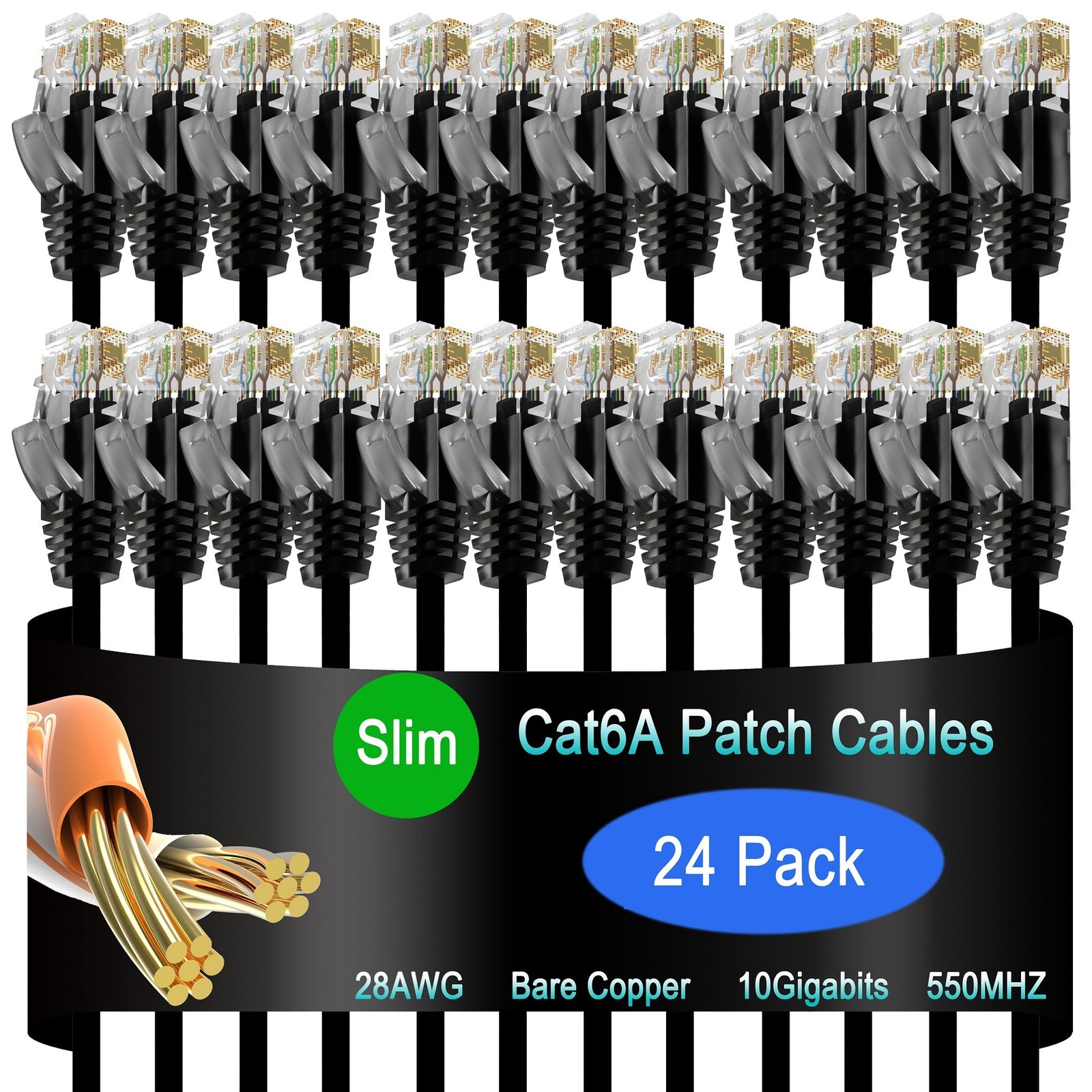 Cat6a Slim Ethernet Patch Cable 3ft 24 Pack 10G Data Center Network Black