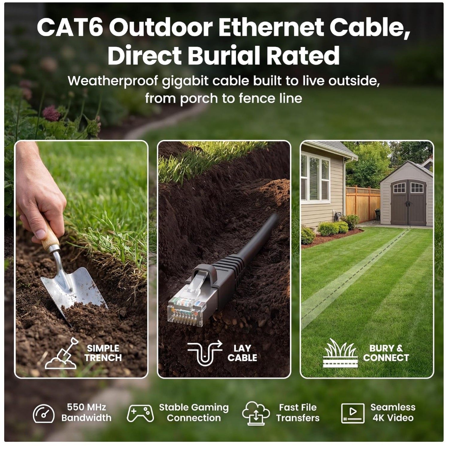 Cat6 Outdoor Ethernet Cable 50ft – Pure Copper, Waterproof