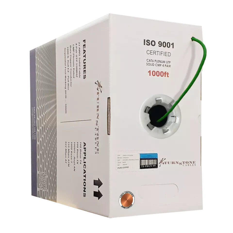 TSCables Cat6 PLENUM UTP (CMP) 100% SOILD BARE COPPER 550Mhz 1000FT CABLE GREEN