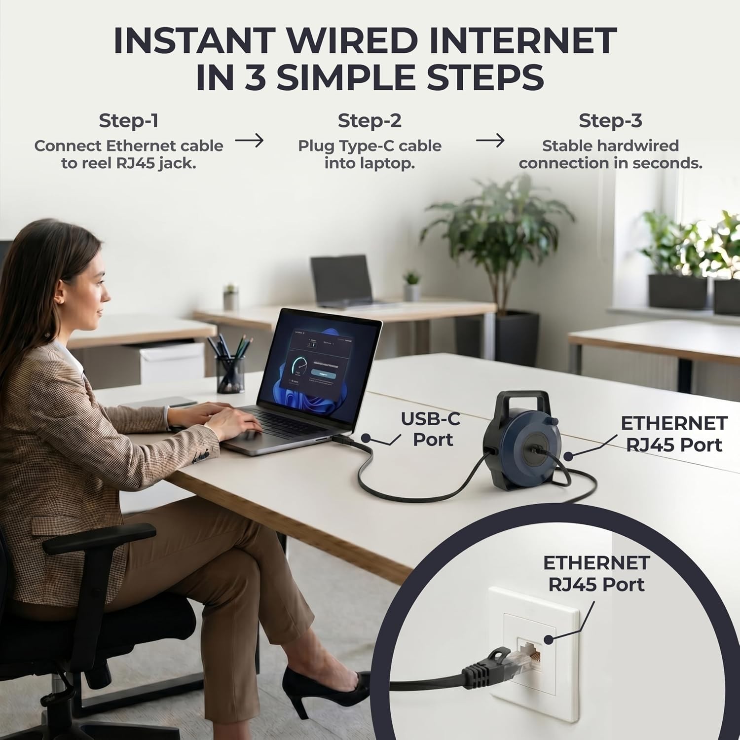 USB-C (Type-C) to Ethernet Cable Reel, 50Ft (15M) CAT6 Tough-Flat™, Up to 1 Gbps