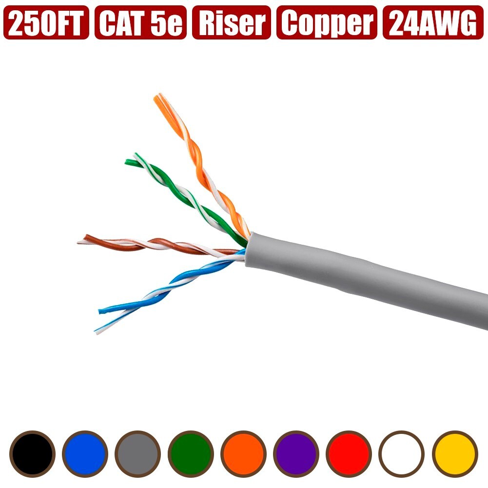 250FT Cat5e Network LAN Ethernet UTP Cable Cord CMR Riser Copper Solid Bulk Wire