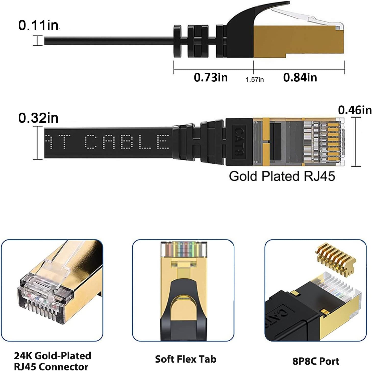 BUSOHE Cat 8 Ethernet Cable 1 FT 2-Pack, 40Gbps 2000MHz Cat8 1FT 2Pack, Black