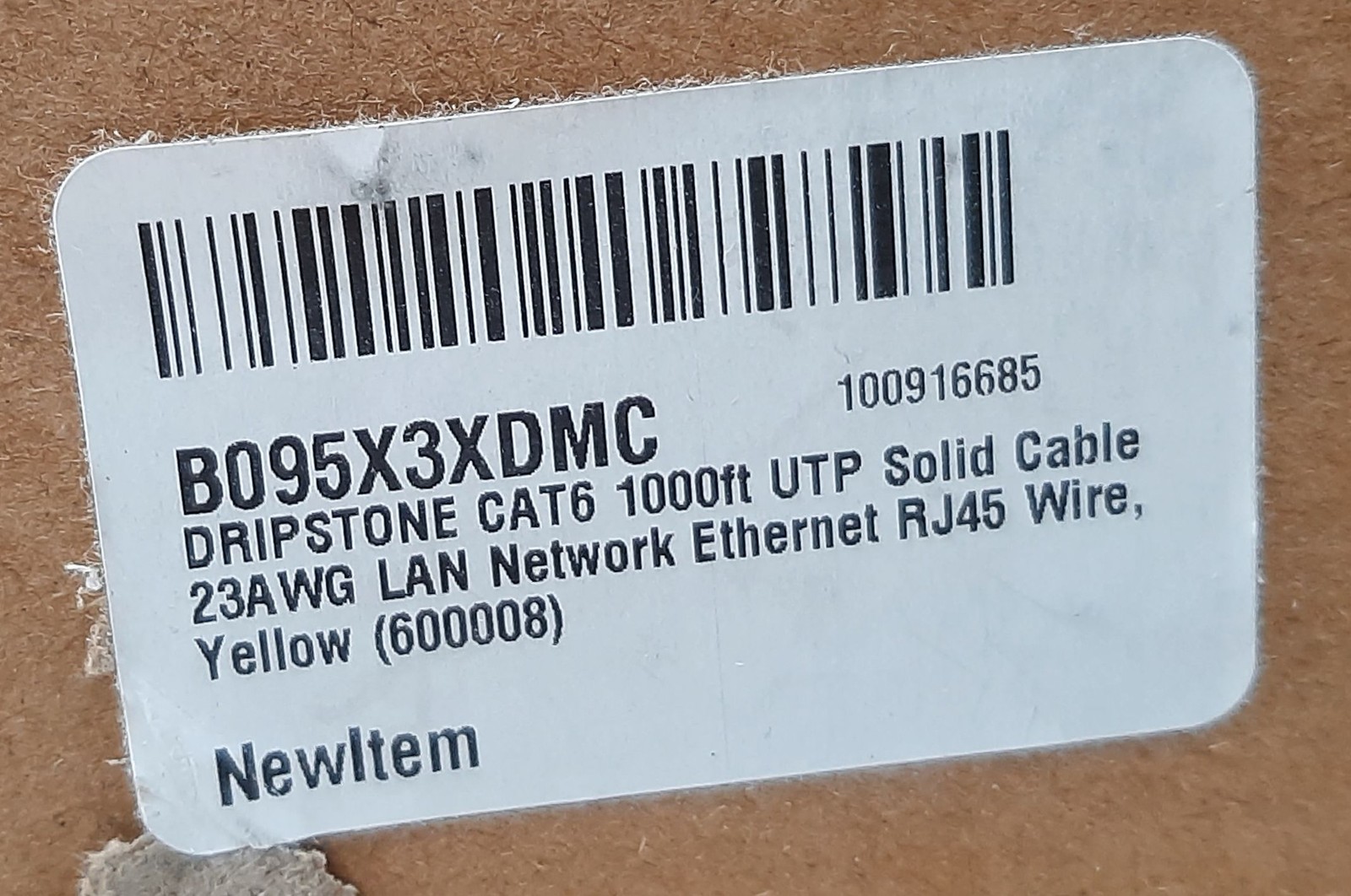 Dripstone 1000 Ft Roll CAT6 UTP Cable 4Pair 23AWG 1/0.57mm CCA PVC Jacket Yellow
