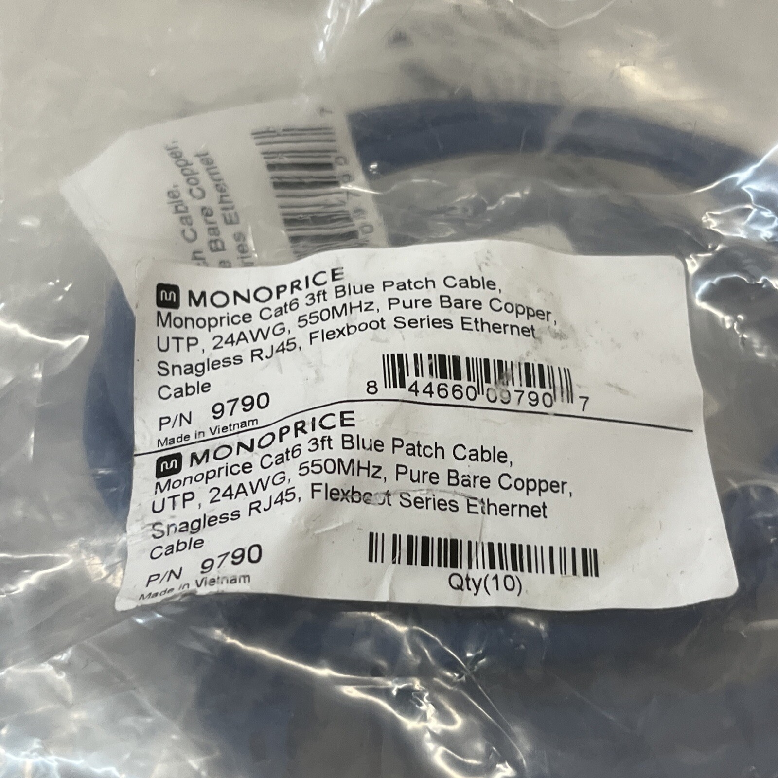 MONOPRICE 9790 Patch Cord,Cat 6,Flexboot,Blue,3.0 ft. Qty 10