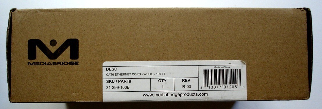 MediaBridge CAT6 Ethernet Cord/Cable, White, 100 Feet