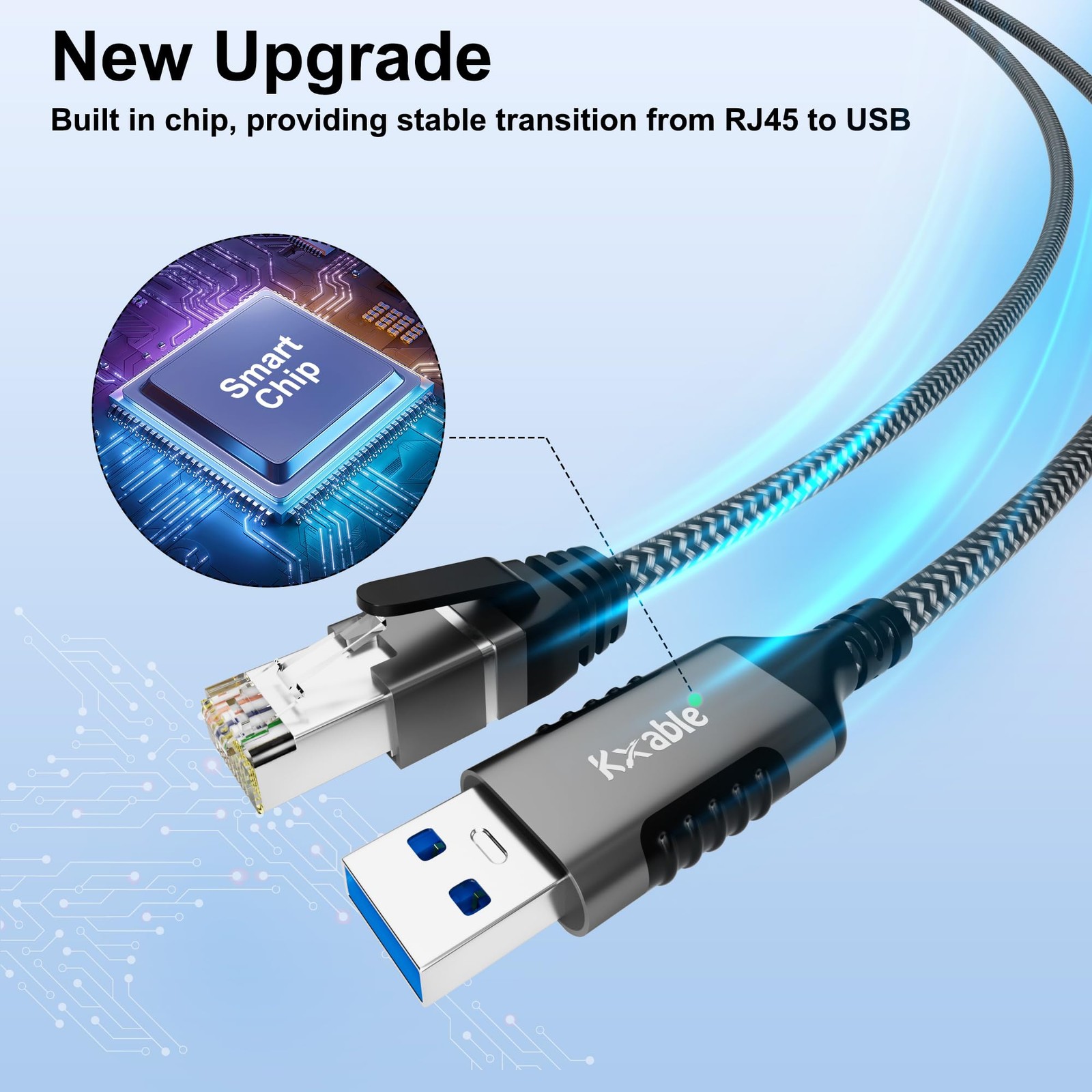 USB to Ethernet Cable 25 FT, 3.0 A Male RJ45 Cord, 25FT, Grey