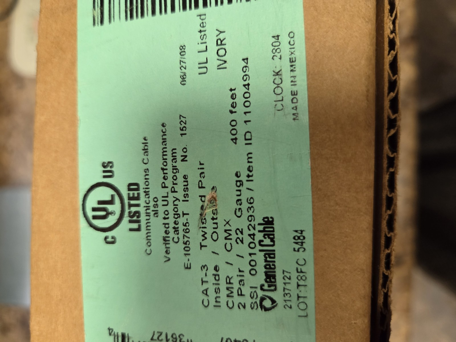 General Cable Brand E105765T TYPE CMR WIRE 22 AWG GAUGE 2 PR CAT 3 300 +FEET