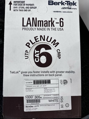 Berk-Tek LANmark-6, White CAT6, CMP,UTP, Plenum-1000 feet