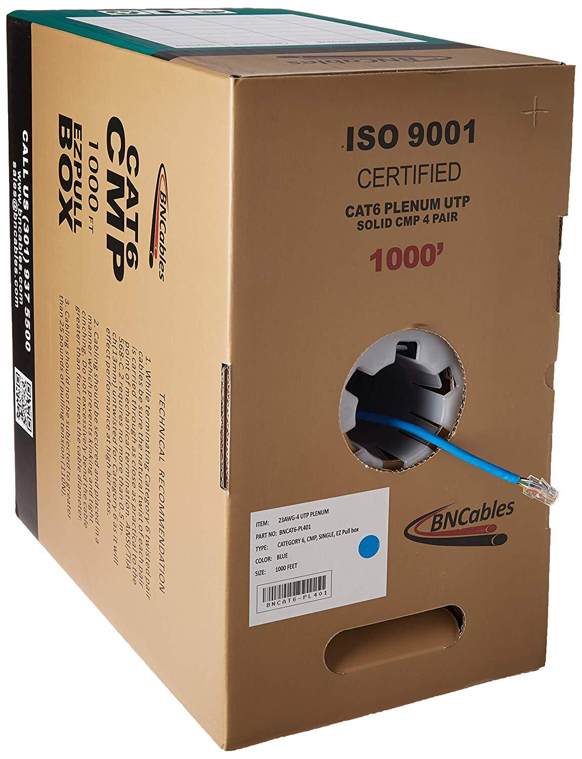 Cat6 Plenum 23 AWG Solid 1000ft 550 Mhz 10 Gigabit UTP Available in 9 color
