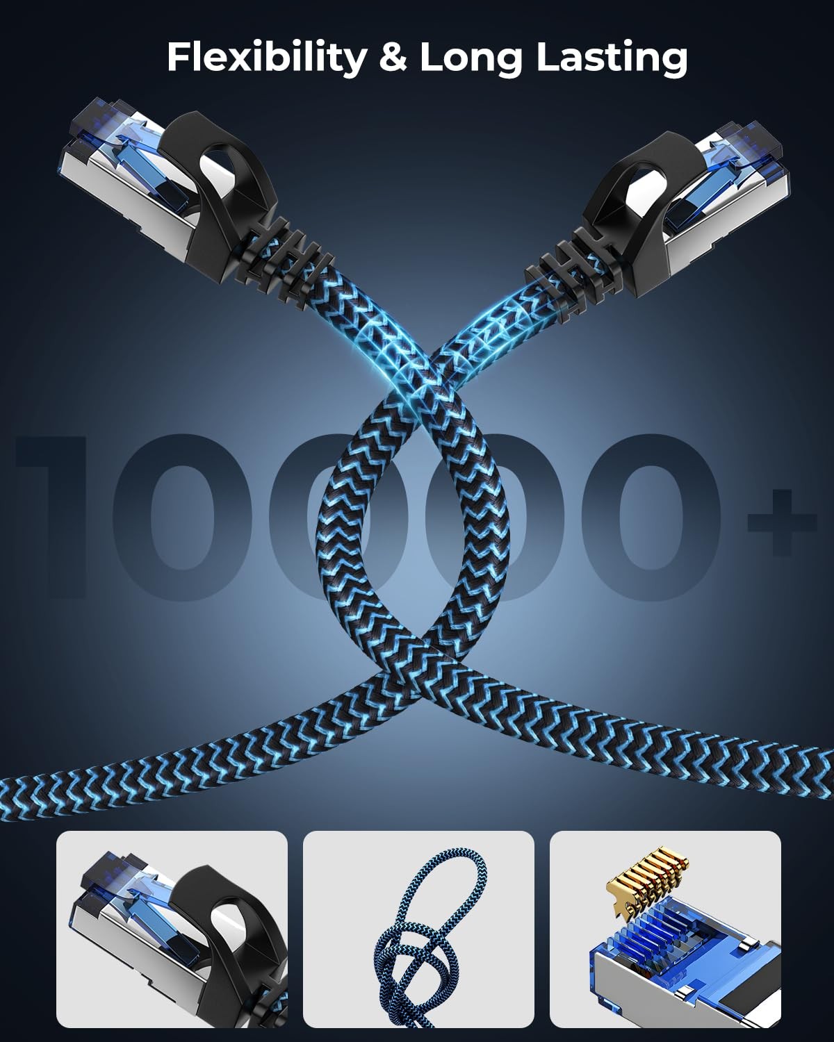 1 Pack 60 ft Blue Cat 8 Ethernet Cable, Braided, 40Gbps, 2000MHz, LAN, Gaming