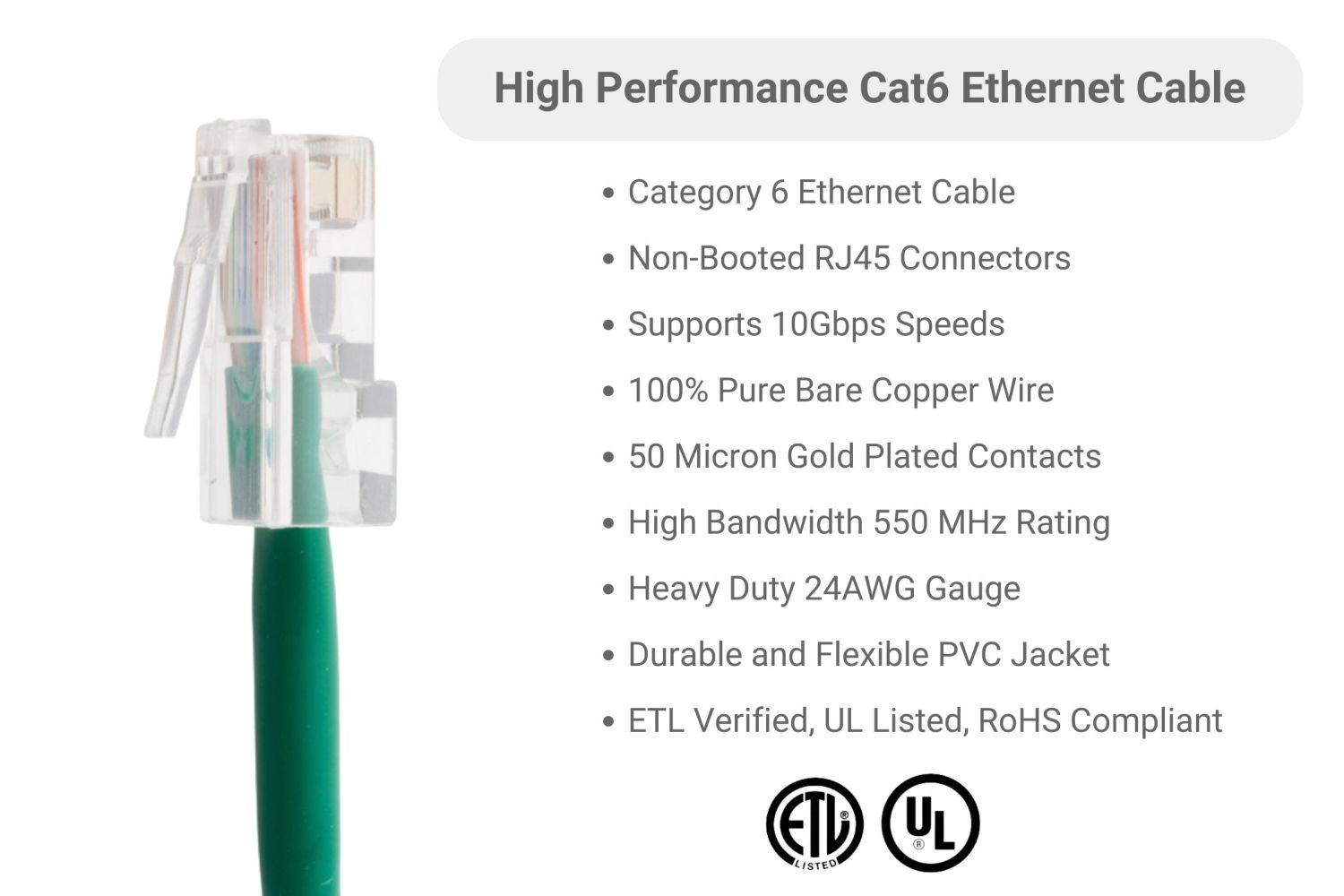 CAT6 Ethernet Patch Cable, Non-Booted, 3 Foot, Green – Lifetime Warranty
