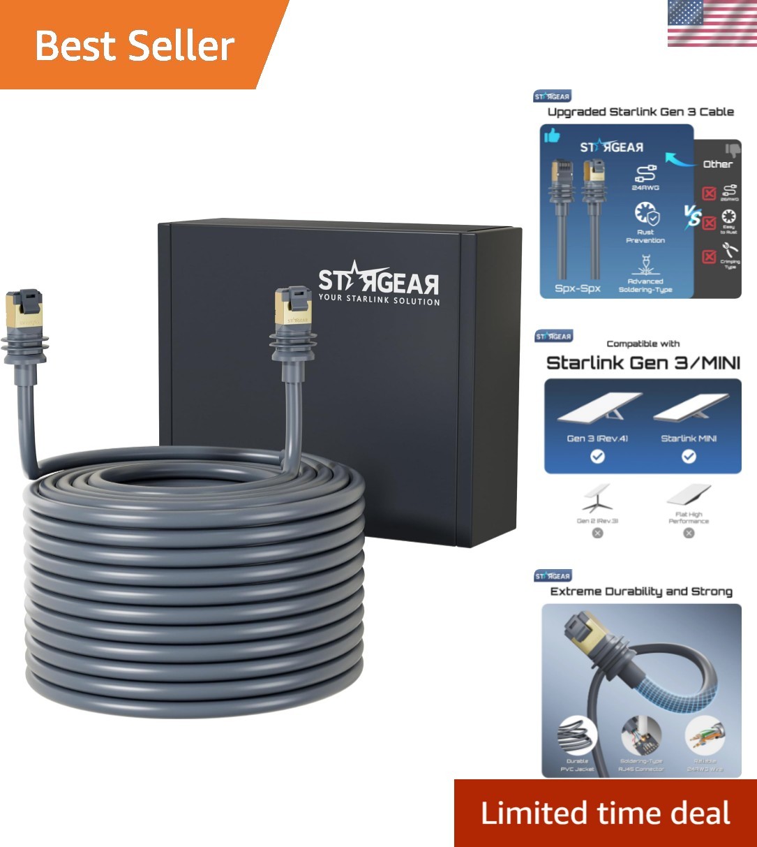 Starlink Cable Gen 3 15M/49FT, Starlink Gen 3 Cable for Starlink Standard V3/…