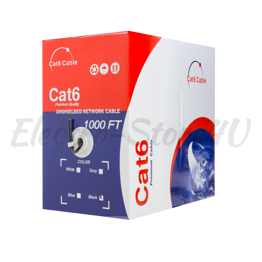 1000ft Cat6 Black Ethernet Network Cable Solid 23AWG Copper Clad CCA Bulk Wire