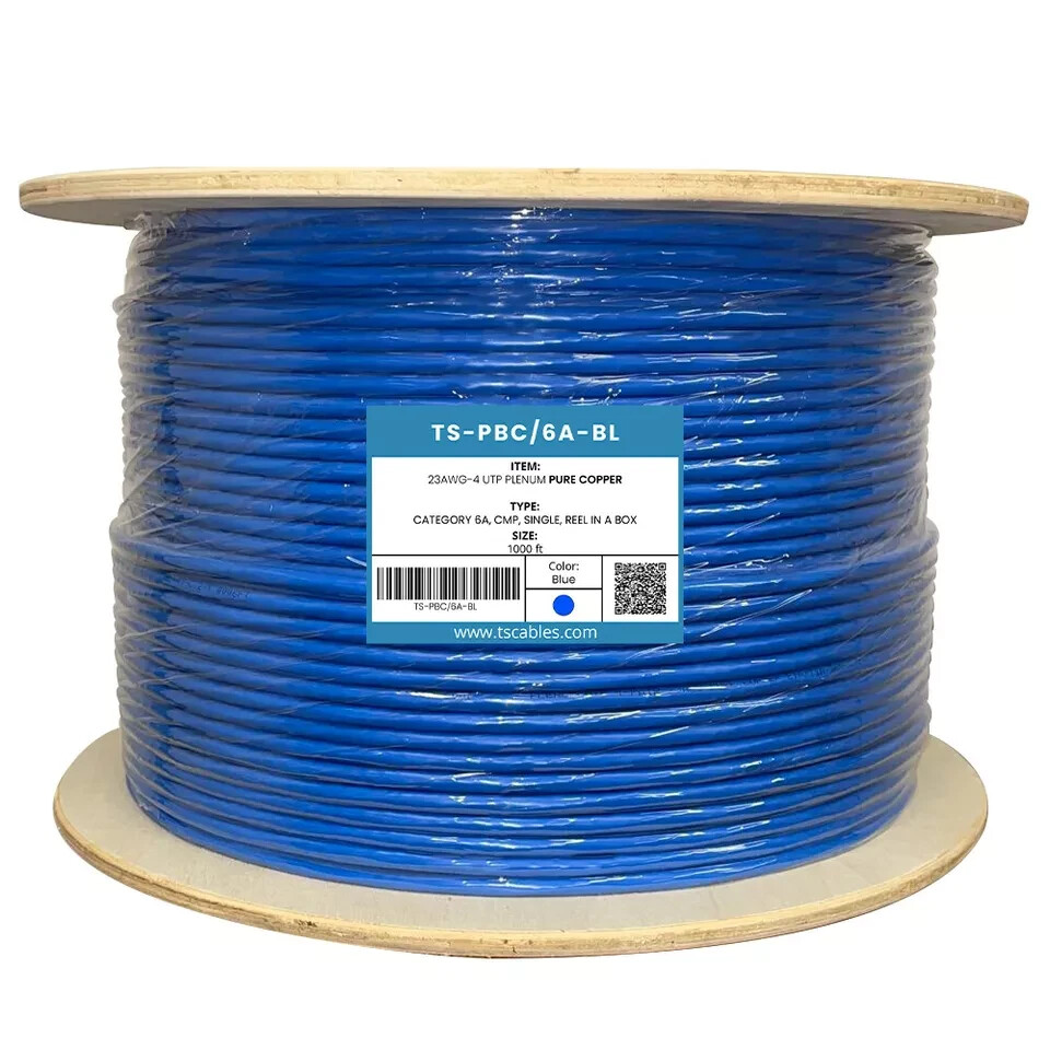 TS Cables Cat6a Plenum Solid Bare Copper 750 Mhz UTP 1000ft Ethernet Cable Blue
