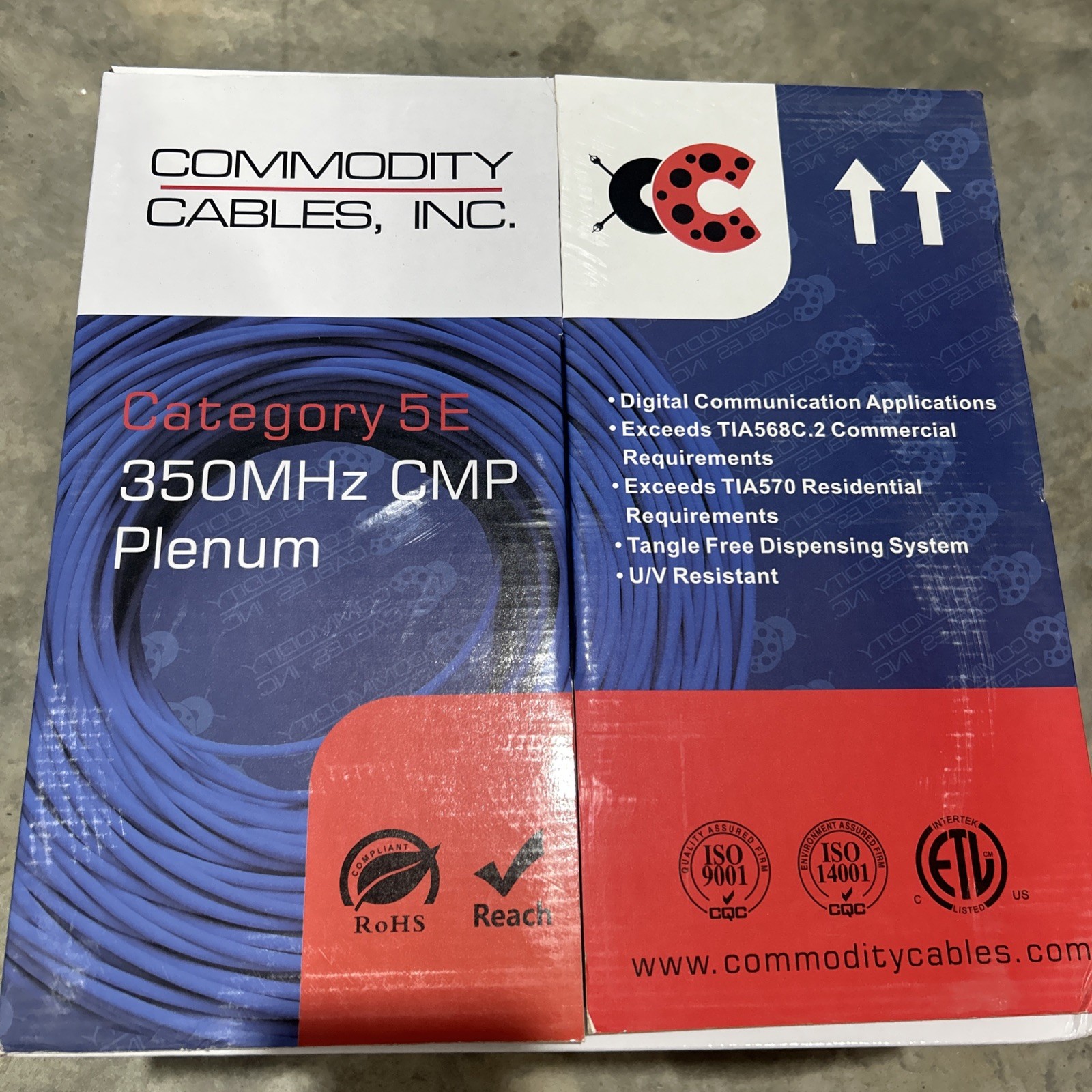 Commodity Cable Cat5e 350MHz CMR Ethernet Cable White 24AWG Solid Copper 1000 FT