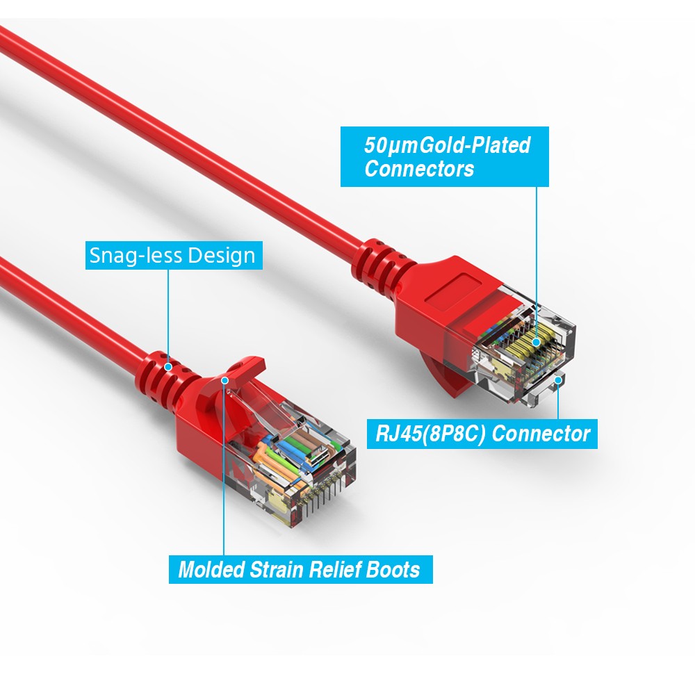 1Ft CAT6A UTP Slim Ethernet Network Booted Cable 28AWG Red