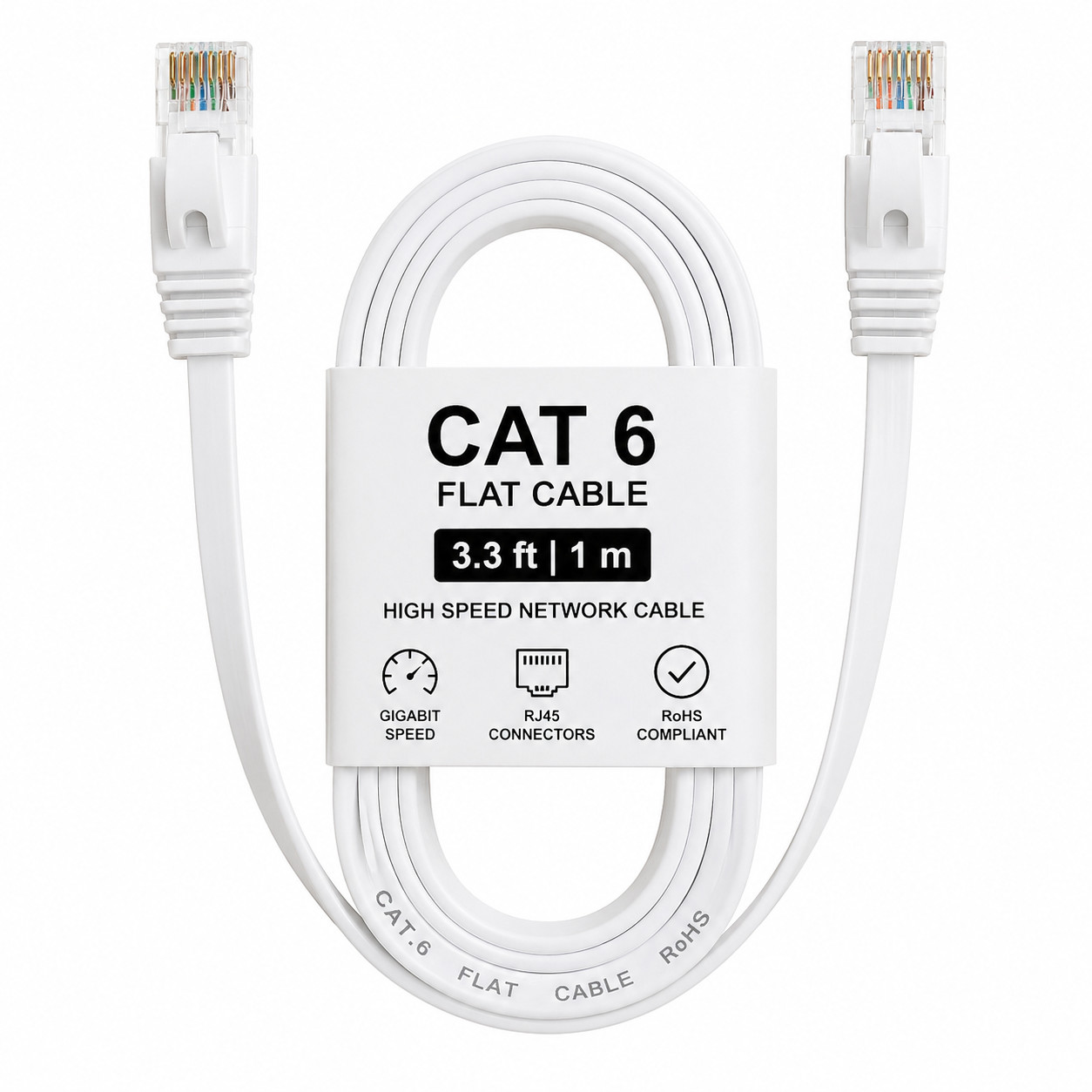 Cat6 Flat Ethernet Cable 3.3ft 1m White RJ45 LAN Network Patch Cord New