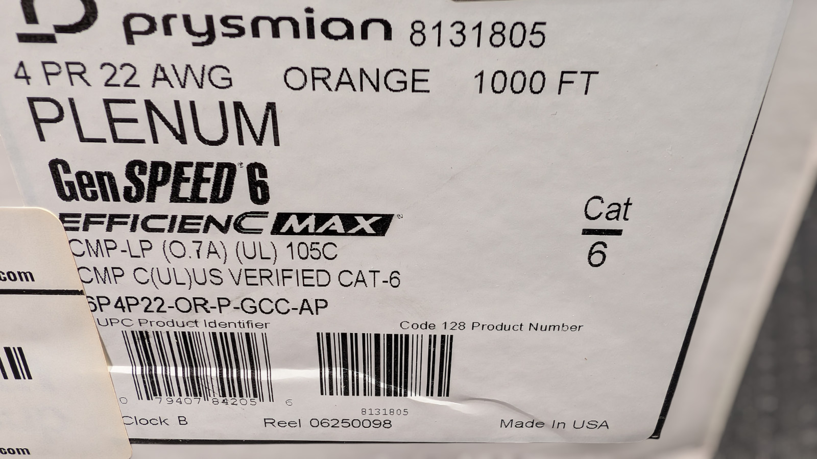 General Cable GenSPEED Efficienc MAX 4/22AWG Cat 6 Plenum PoE Orange 996ft