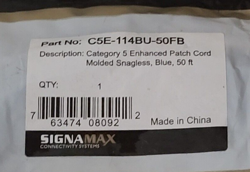 SignaMax Cat 5e Ethernet Patch Cord Cable Molded Snagless 50ft. C5E-114BU-50FB