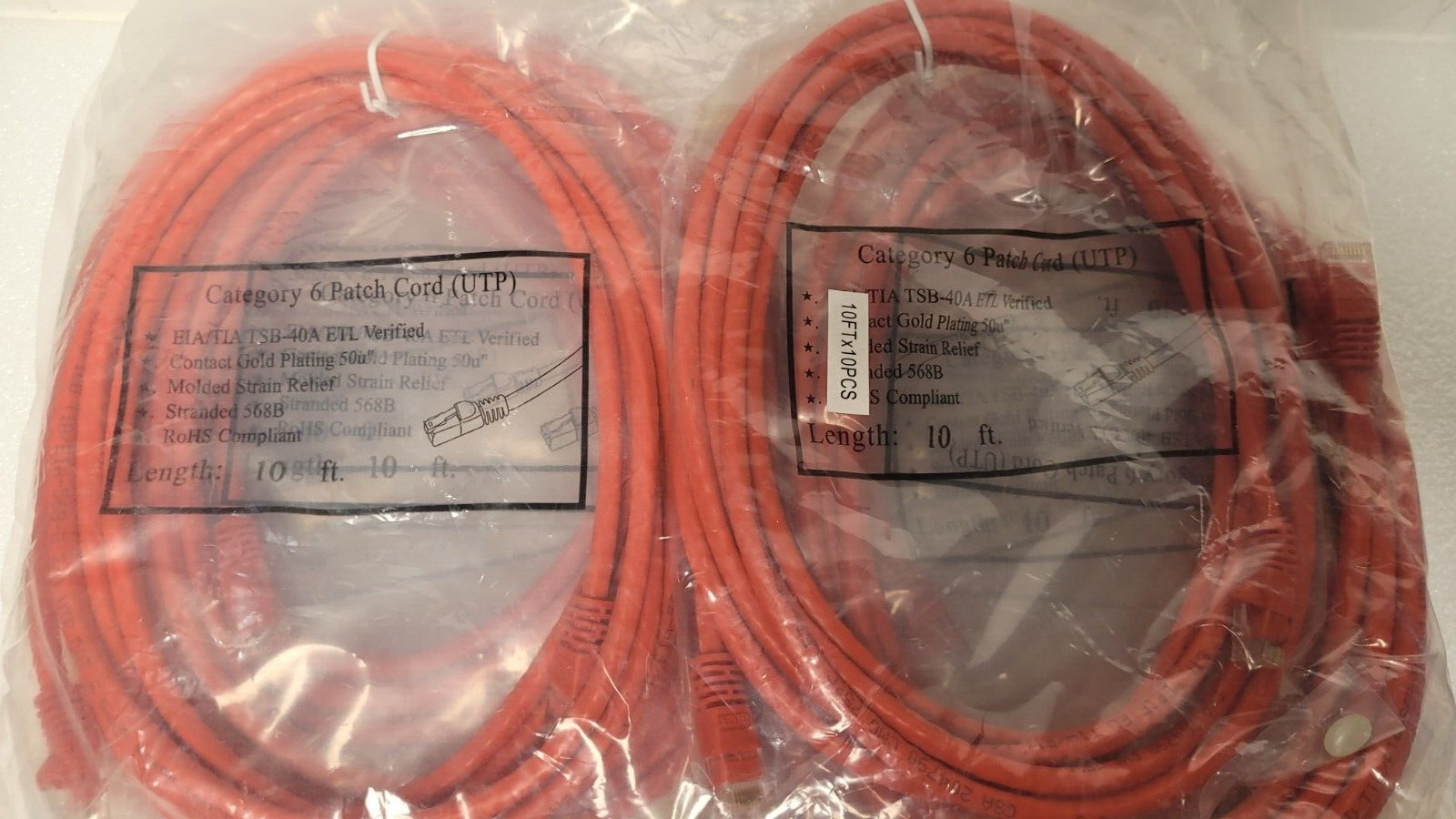 Lot of 17 CAT6 Patch Cord UTP EIA/TIA TSB 40A Contact Gold Plated 50u 10 FT RED