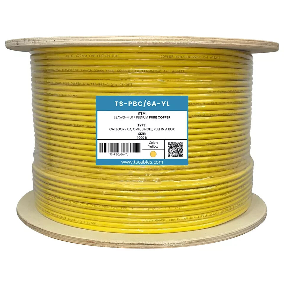 TS Cables Cat6a Plenum Solid Bare Copper 750 Mhz 23 Awg UTP 1000ft Cable yellow