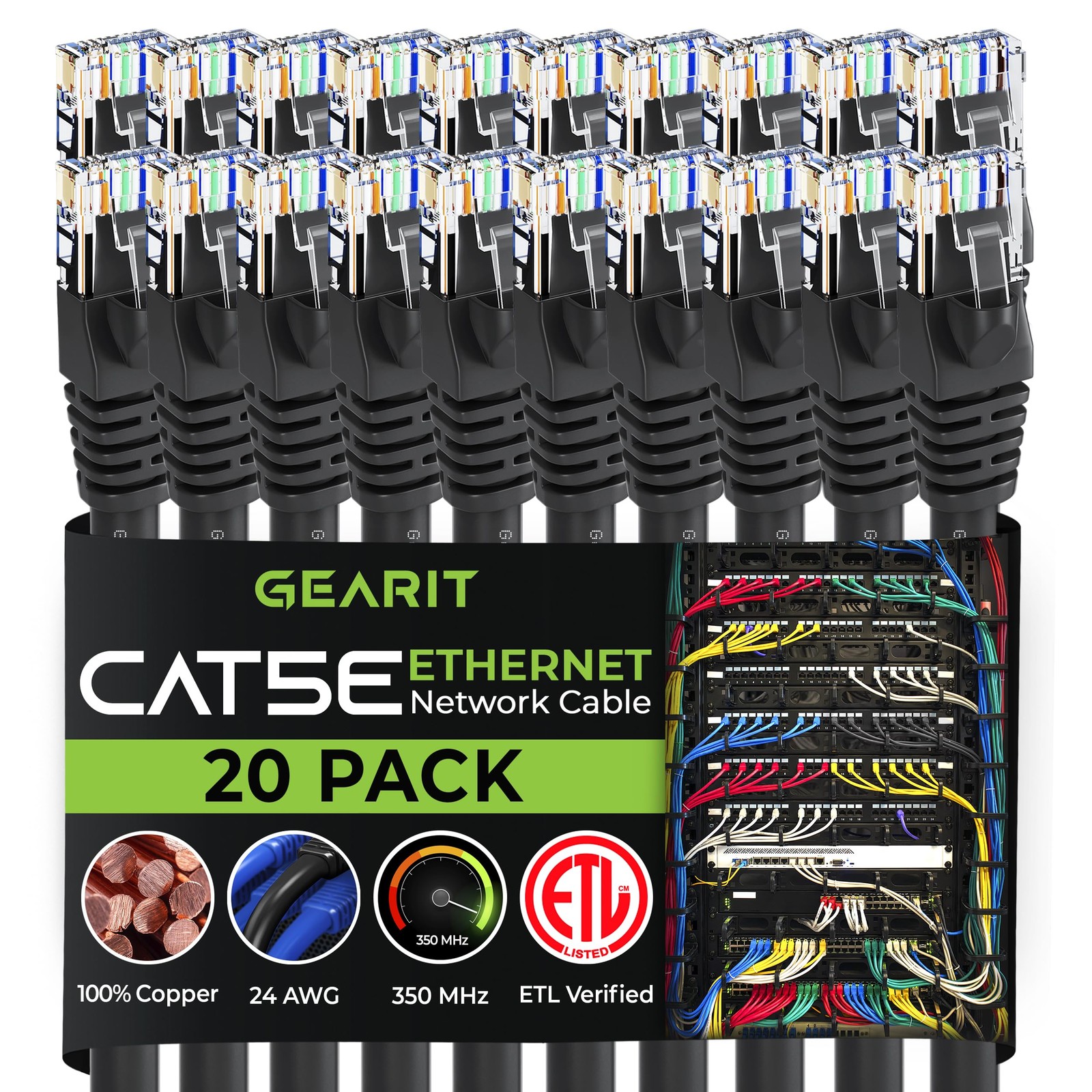 20 PCS Black Cat5e Ethernet Patch Cable 5 Feet Snagless RJ45 LAN Network