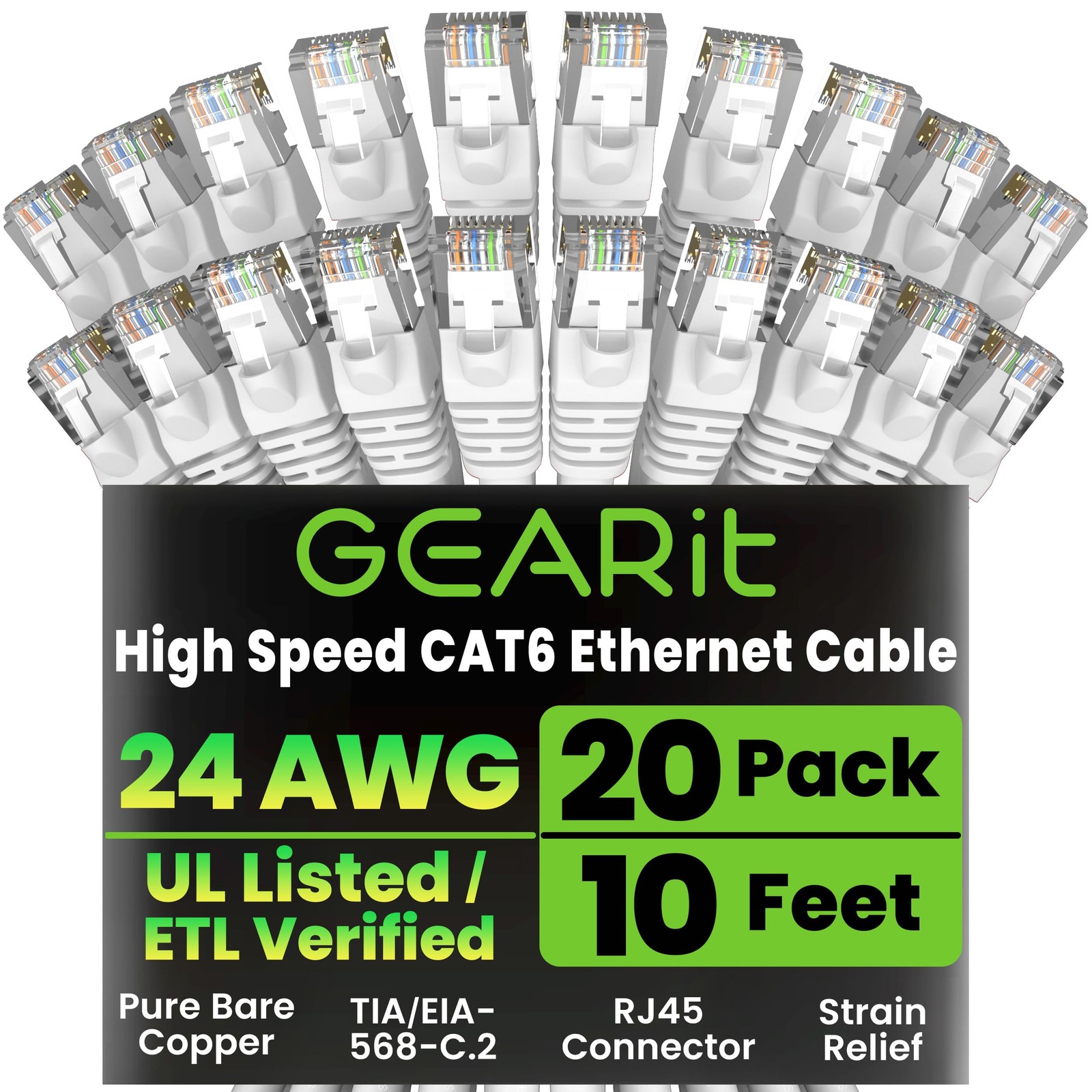 GEARit Cat 6 Ethernet Cable (20-Pack 10 Feet) Cat6 Network 10 Feet, White