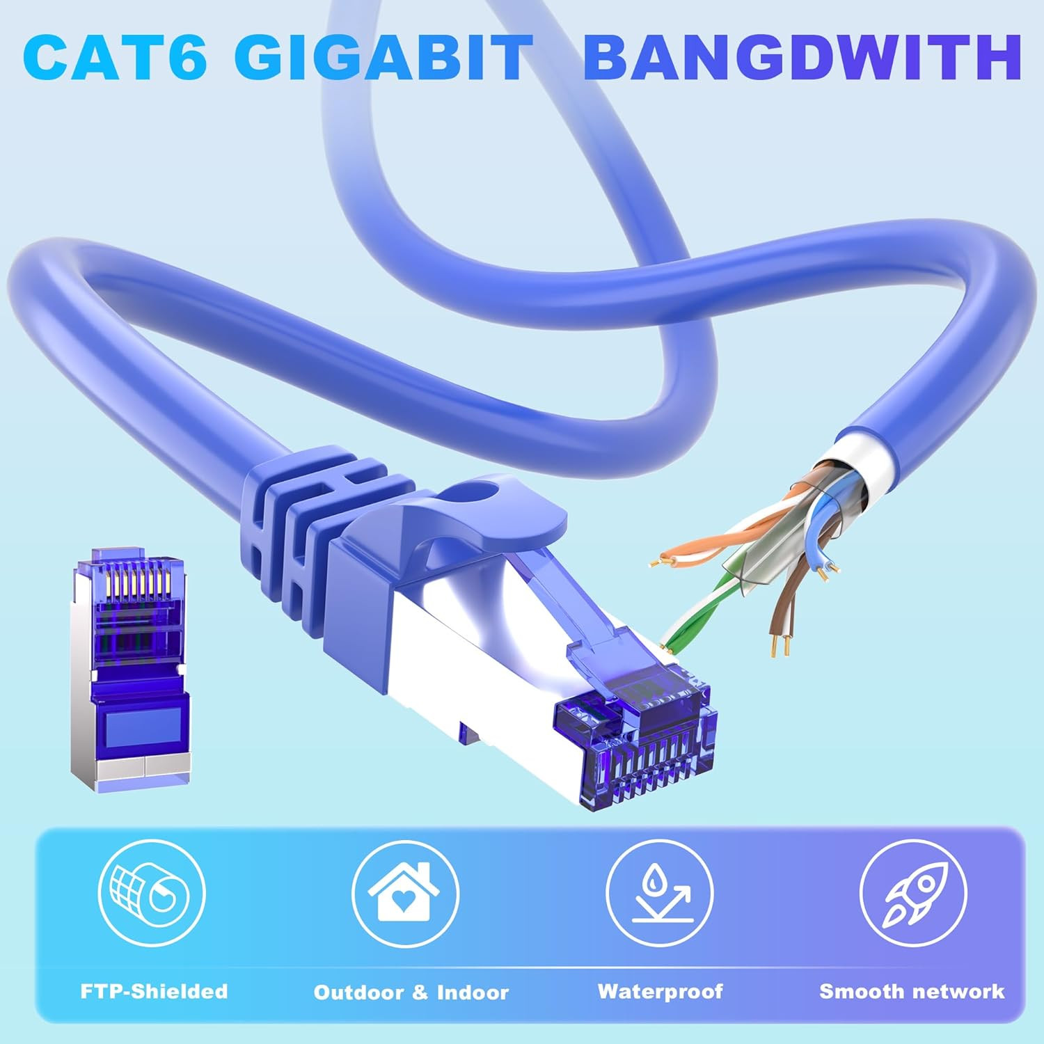 Cat 6 Outdoor Ethernet Cable Bulk 500Ft (30 RJ45), 23AWG Cat 6 Shielded Ethernet