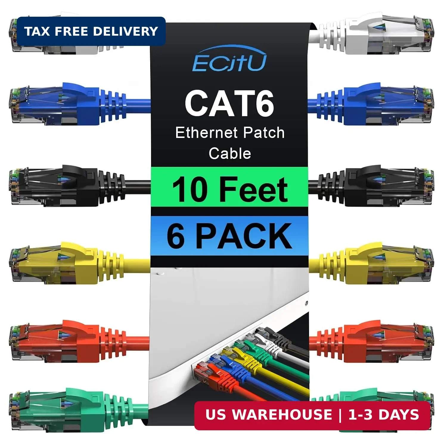 Cat6 Patch Cables 10 Feet (6 Pack), Cat 6 Ethernet Cable, 24AWG CCA, UTP Network