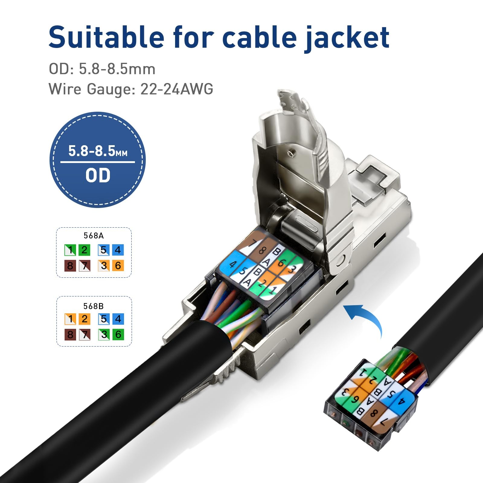 12 PCS Cat 6A RJ45 Connector Tool Free Shielded Fits AWG 2224 Cat5e/6/6a