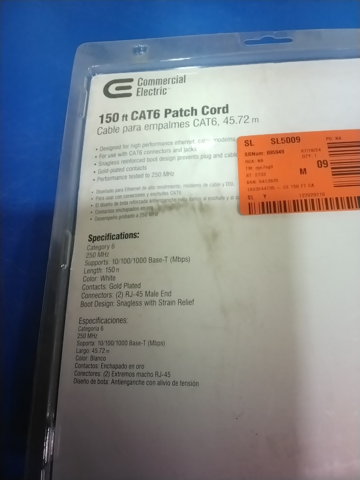 Commercial Electric 150 ft CAT6 Ethernet Patch Cable White Gold RJ45 Male End