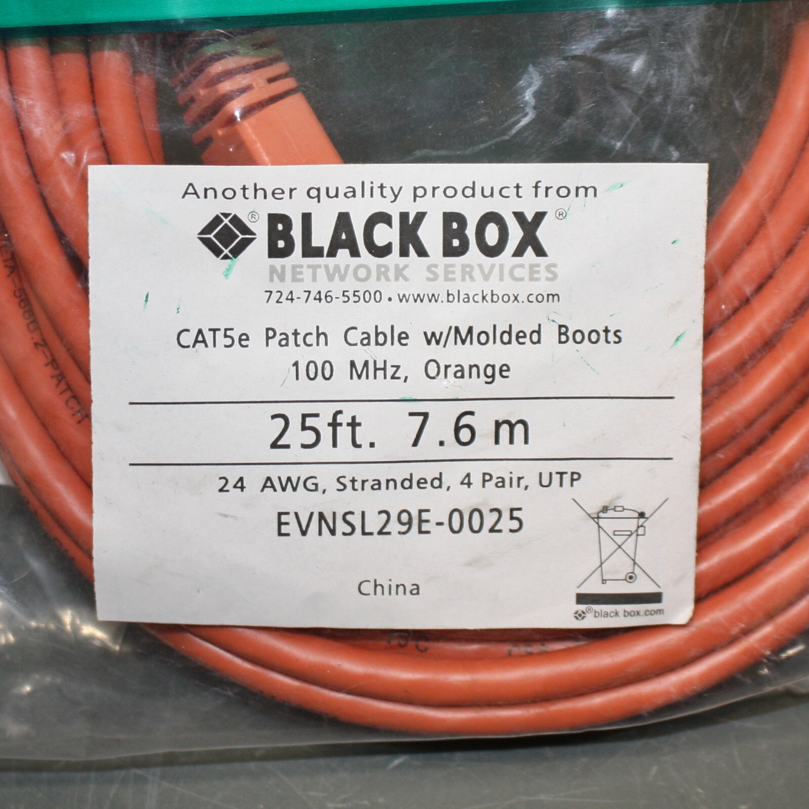 (25) Black Box CAT5e Premium Patch Cable, 25ft Ethernet Cord, Orange, 100 MHz