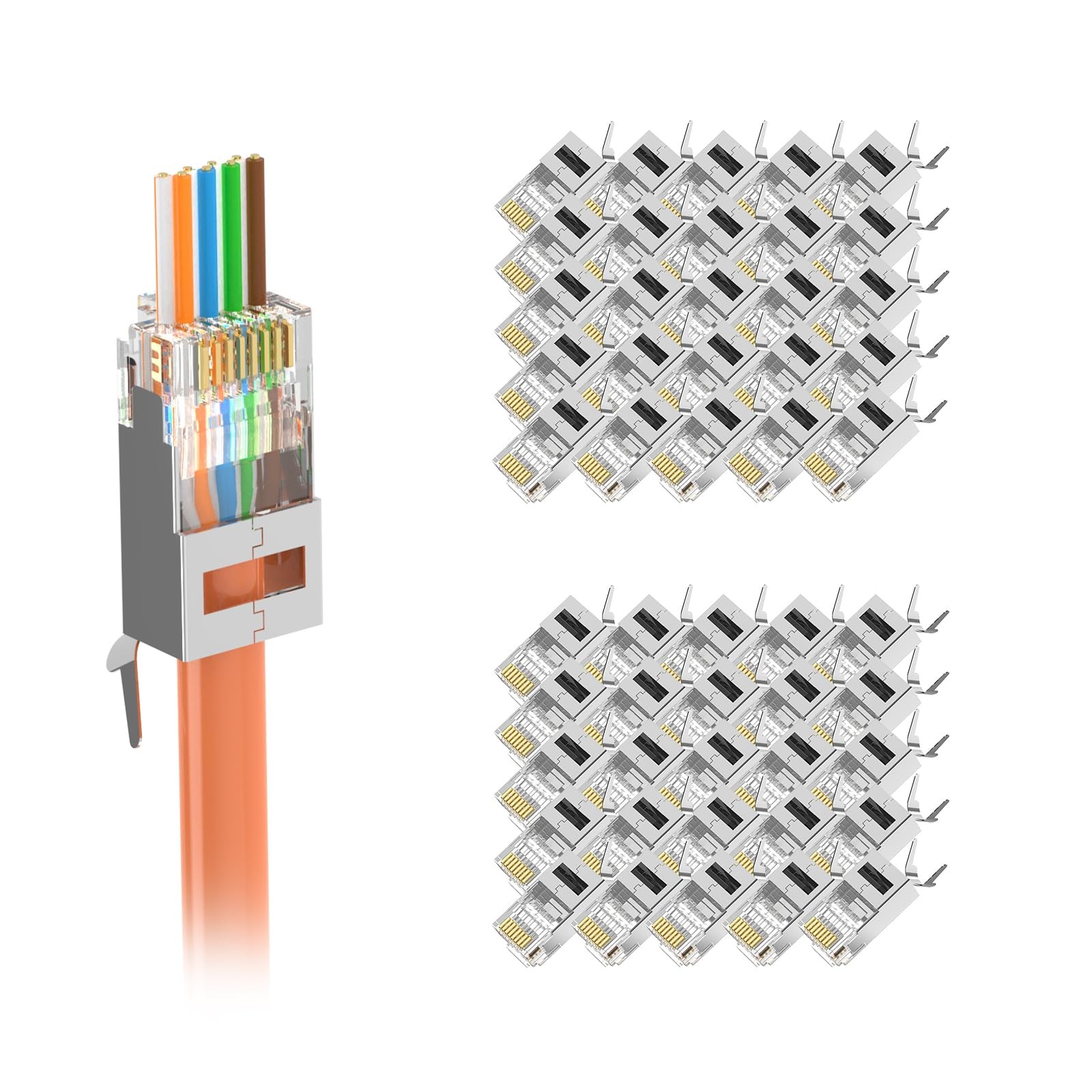 50-Pack UL-Listed Cat7 Cat6A Shielded Pass Through RJ45 Connectors 3-Prong