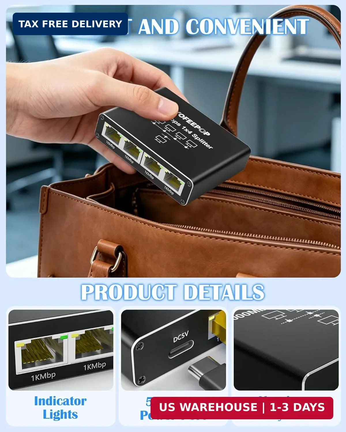 Internet Splitter 1 in 4 Out, Gigabit Ethernet LAN Splitter High Speed | 1000Mbp
