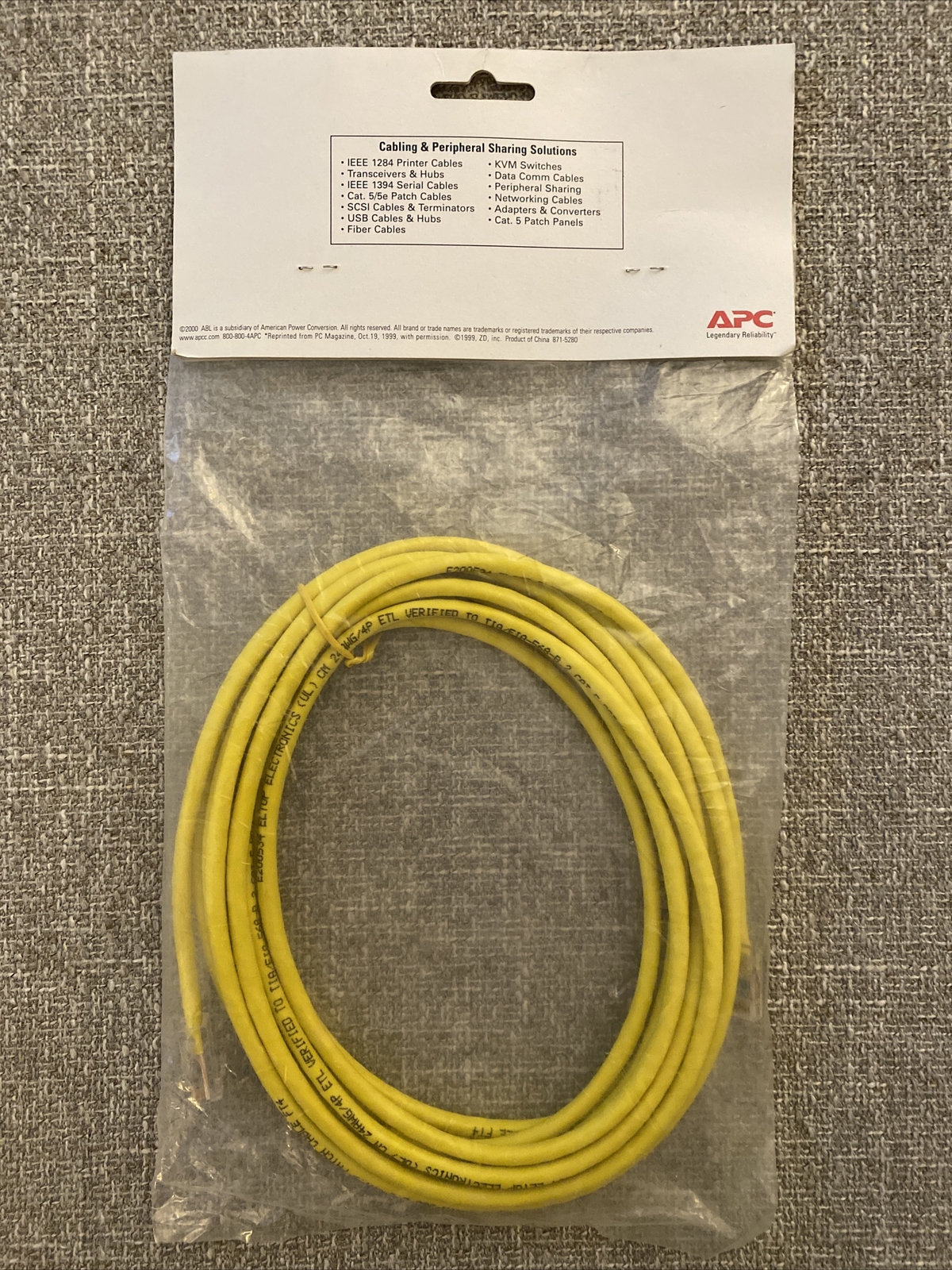 APC Category 5 UTP 568B Patch Cable, Yellow, 3827YL-15, RJ45M, NEW in Package