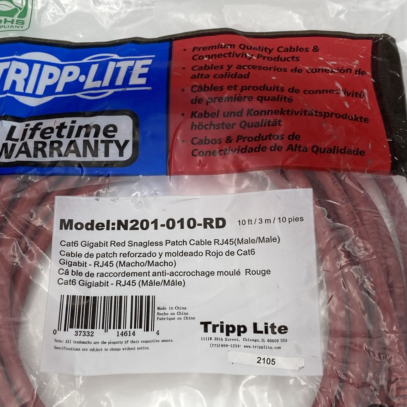 Tripp Lite Cat6 Gigabit Molded (UTP) RJ45 M/M POE 10ft Red N201-010-RD
