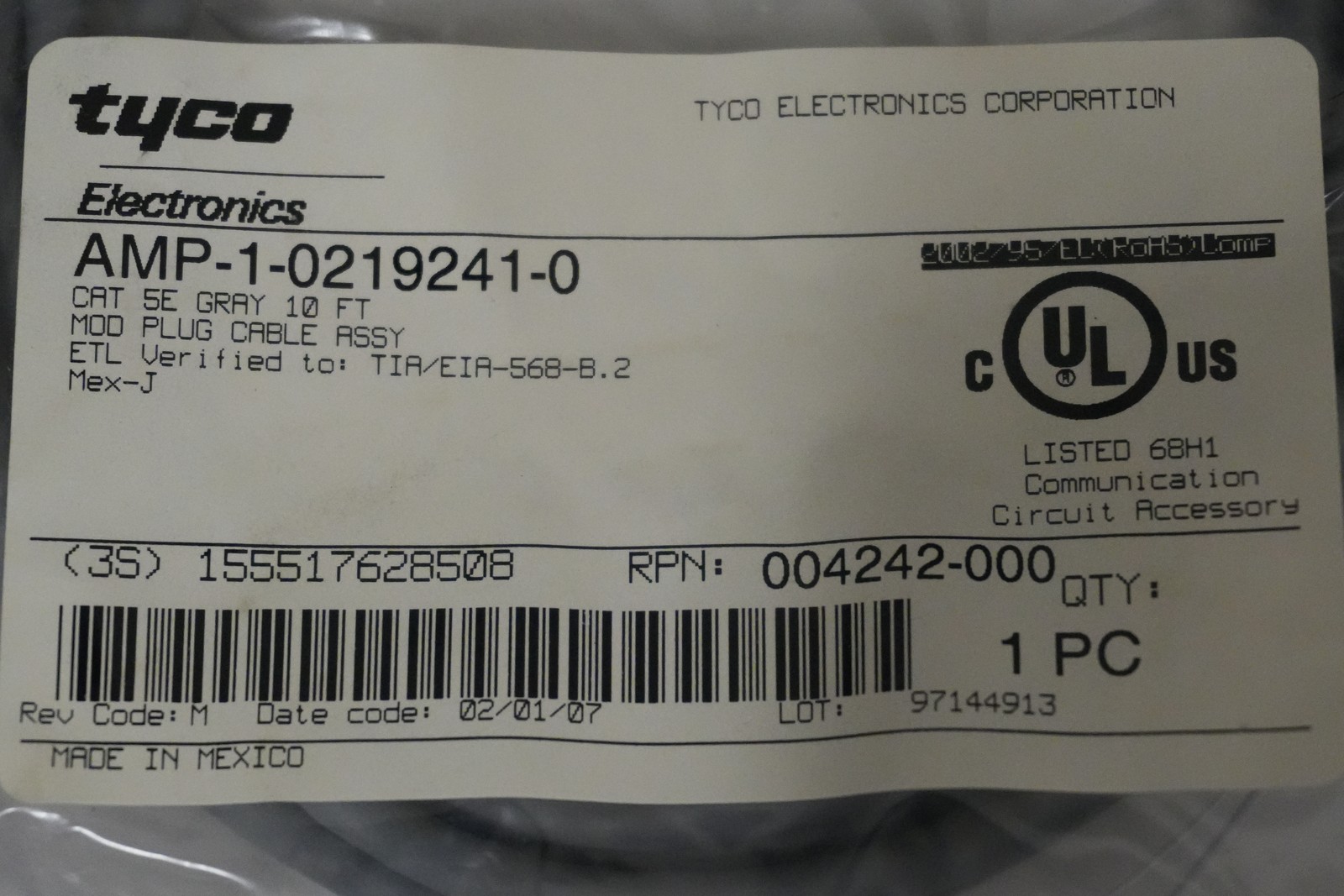 Lot of 10 Tyco AMP Cat 5E 10ft Ethernet Patch Cable Gray RJ45 NEW Sealed