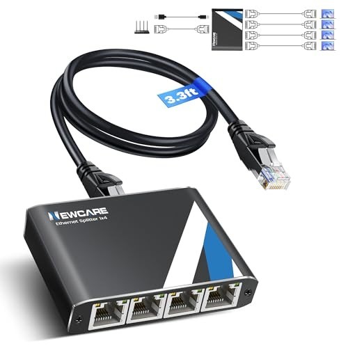Gigabit Ethernet Splitter 1 to 4 with 3.3ft LAN Cable, 1000Mbps High Speed RJ45