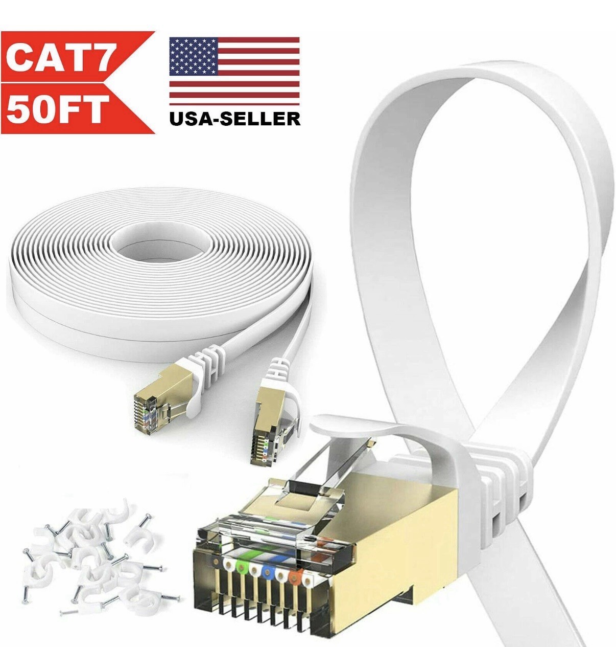 50FT CAT7 Flat Ethernet Cable Internet Router Patch Cord 50 Feet Flat &Connector