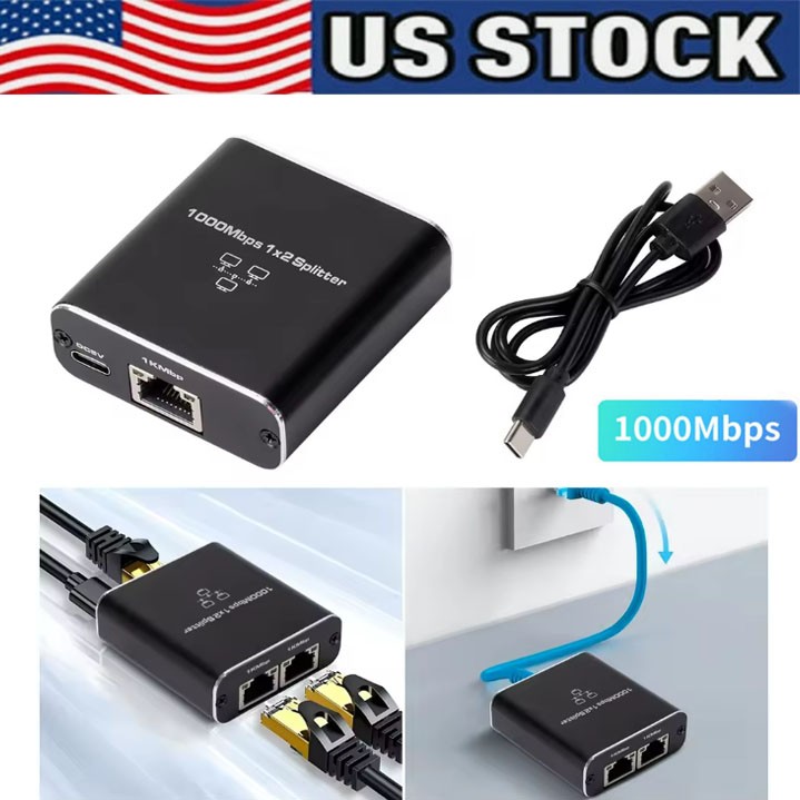 RJ45 Gigabit Ethernet Splitter 1000Mbps LAN Network Internet 1 to 2 Out Adapter