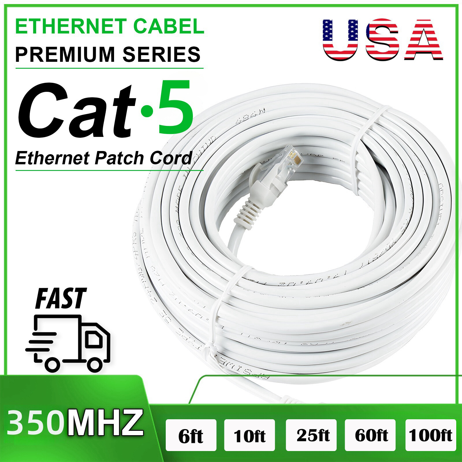 Cat5 e CAT5e Ethernet Cable RJ45 Network Internet Cord White Patch 6/10/60/100ft