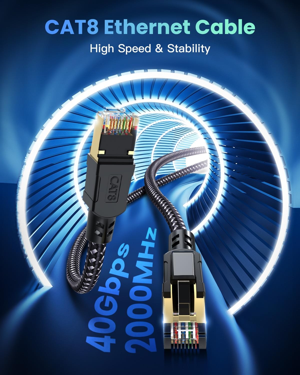 Cat 8 Ethernet Cable 40Gbps 2000Mhz Braided LAN Network Cord 6 FT Patch