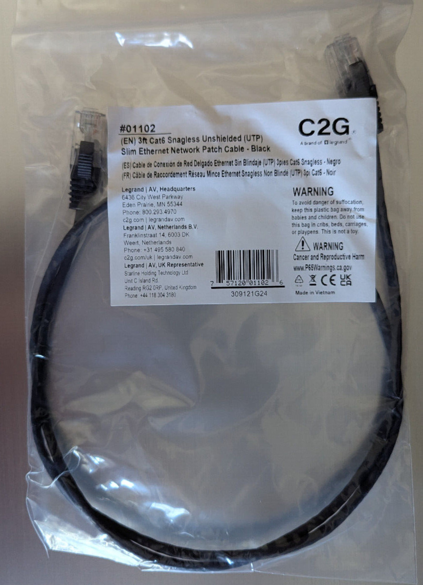 C2G 3-feet CAT6 Slim Ethernet Lot of 10 Network Patch Cables -Snagless- Black