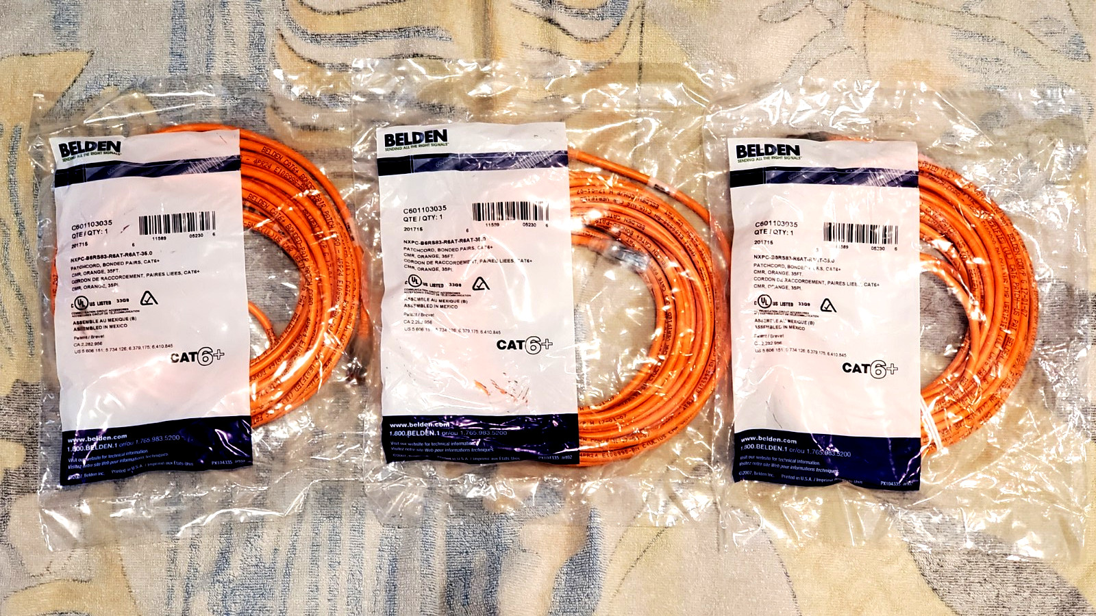 3 Pc Lot 35 Feet BELDEN CAT6+ Patch Cord Bonded Pair Orange 105 FEET TOTAL
