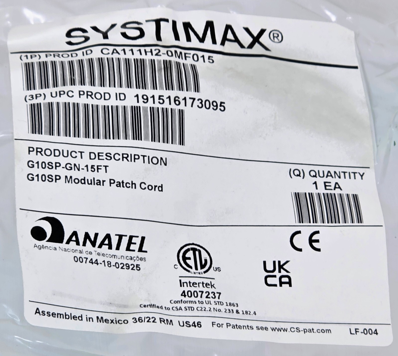 CommScope Systimax GigaSPEED X10D G10SP CAT6A S/FTP Modular Patch Cable Green