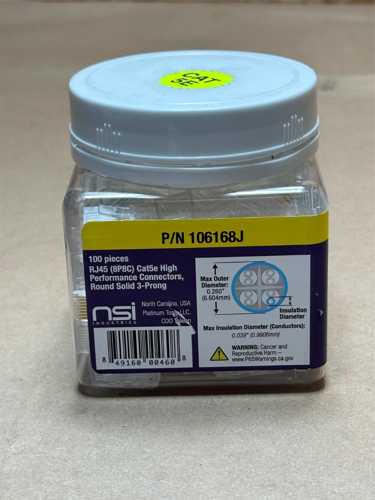 100x PC Platinum Tools 106168J RJ45 CAT5E HP Round-Solid 3-Prong Plugs