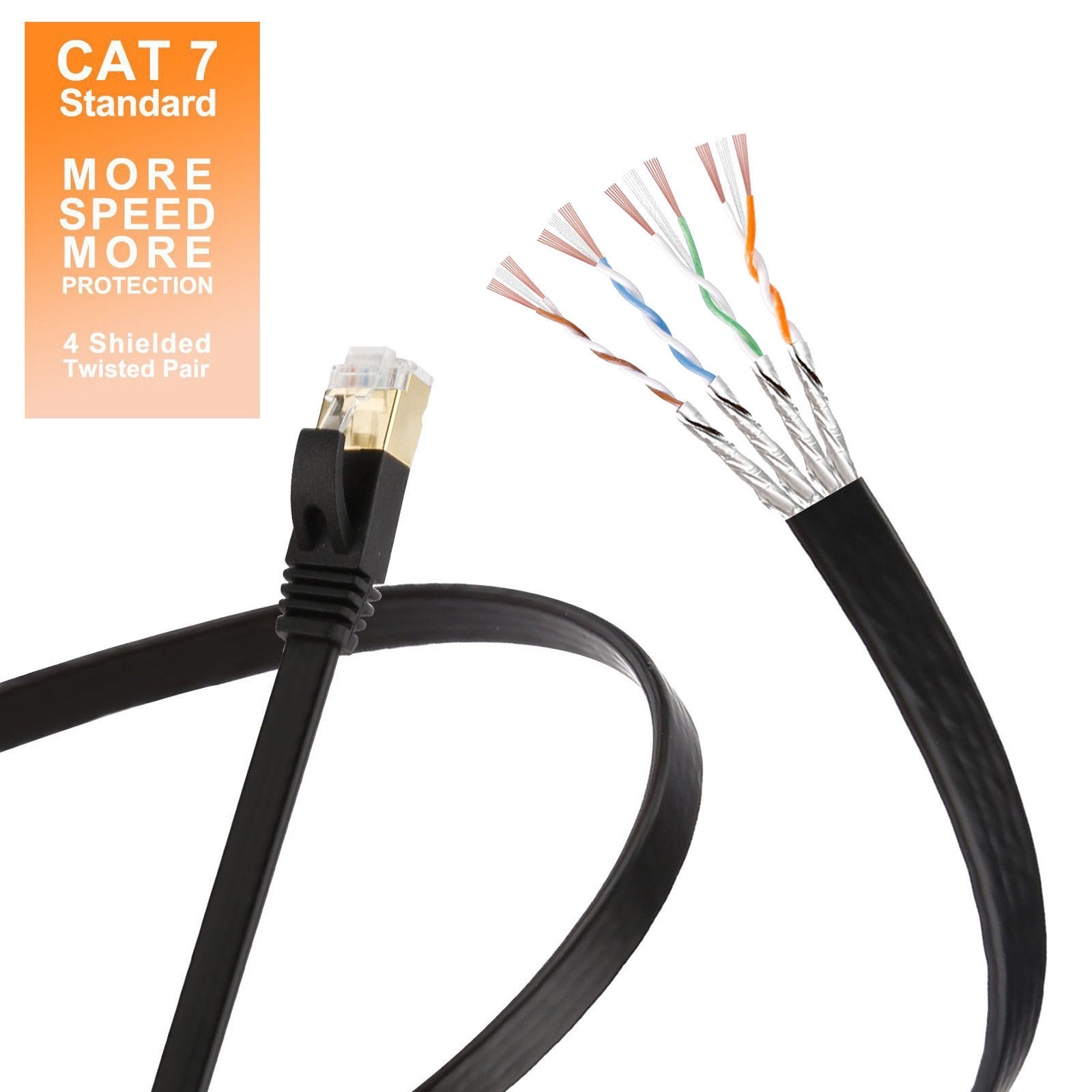 CAT7 U/FTP Gold Plated Shielded Ethernet RJ45 Network Patch Cable Cord 3ft Black