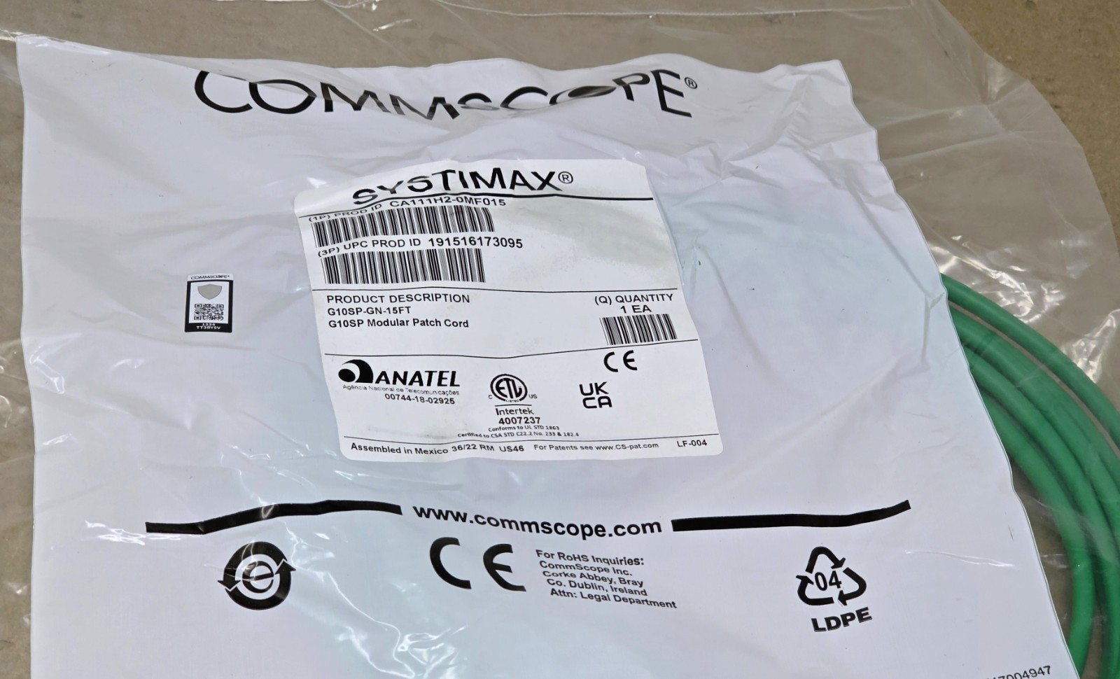 CommScope Systimax GigaSPEED X10D G10SP CAT6A S/FTP Modular Patch Cable Green